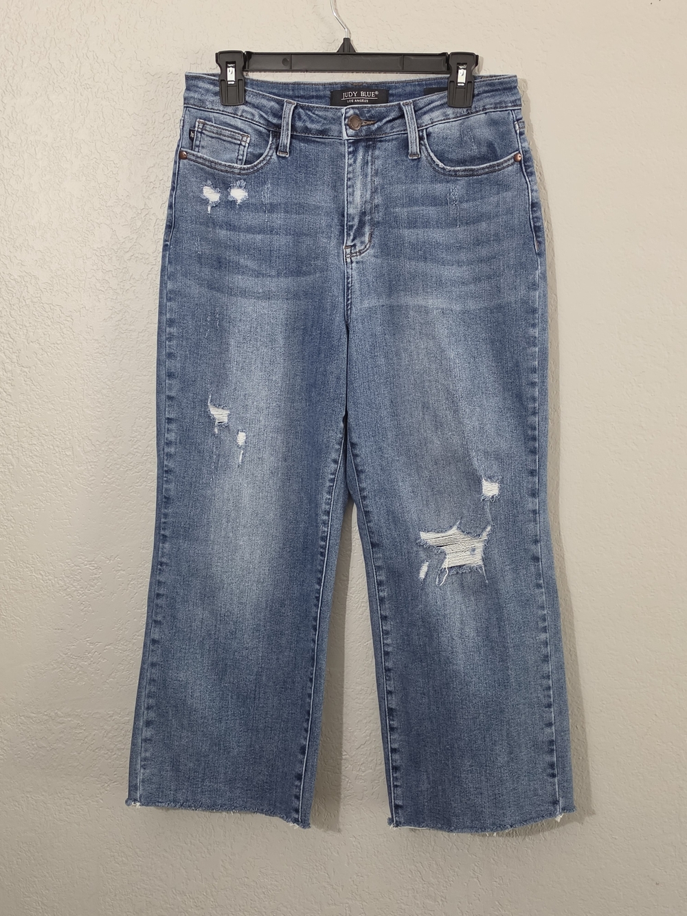 Judy Blue Wide Leg Crop Medium Wash Distressed Jeans Stretch Denim Womens 9/29